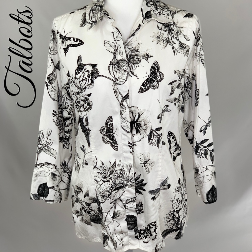 TALBOTS FLORAL BUTTERFLY 3/4 SLEEVE BUTTON UP TOP
